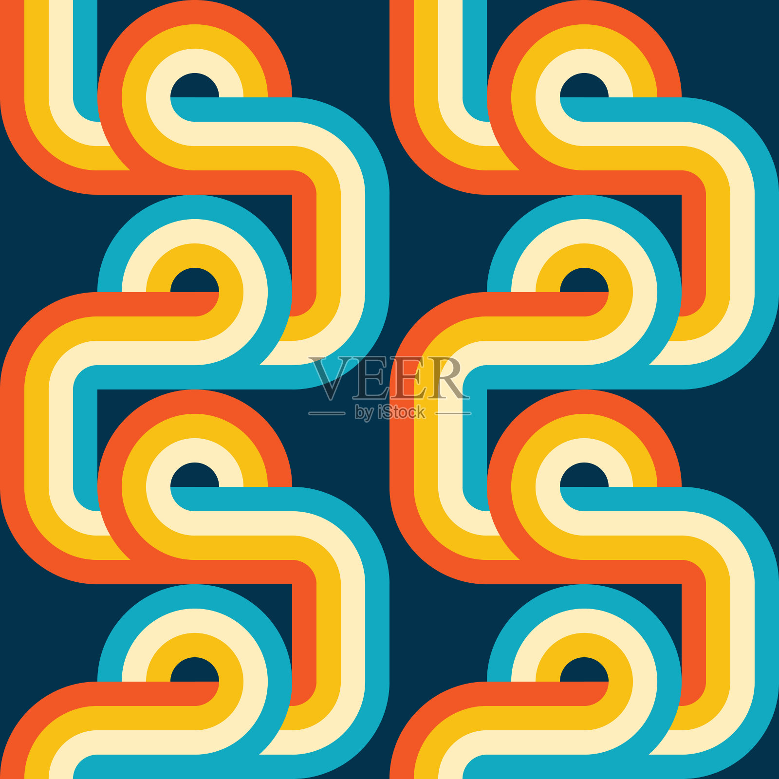 抽象几何背景设计。复古迪斯科无缝图案。数字网络通信装饰横幅。弯曲的多色平行条纹。动态的彩虹。矢量插图。插画图片素材