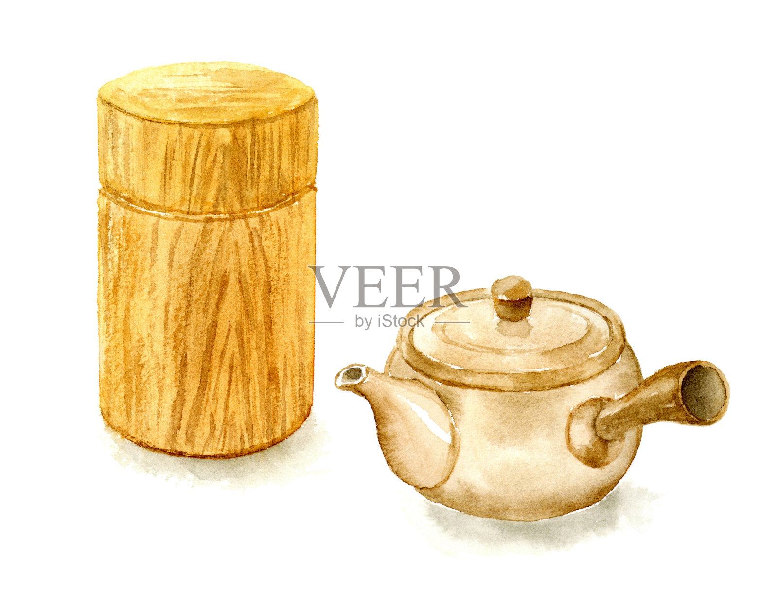 日本茶壶和茶田的水彩插图插画图片素材