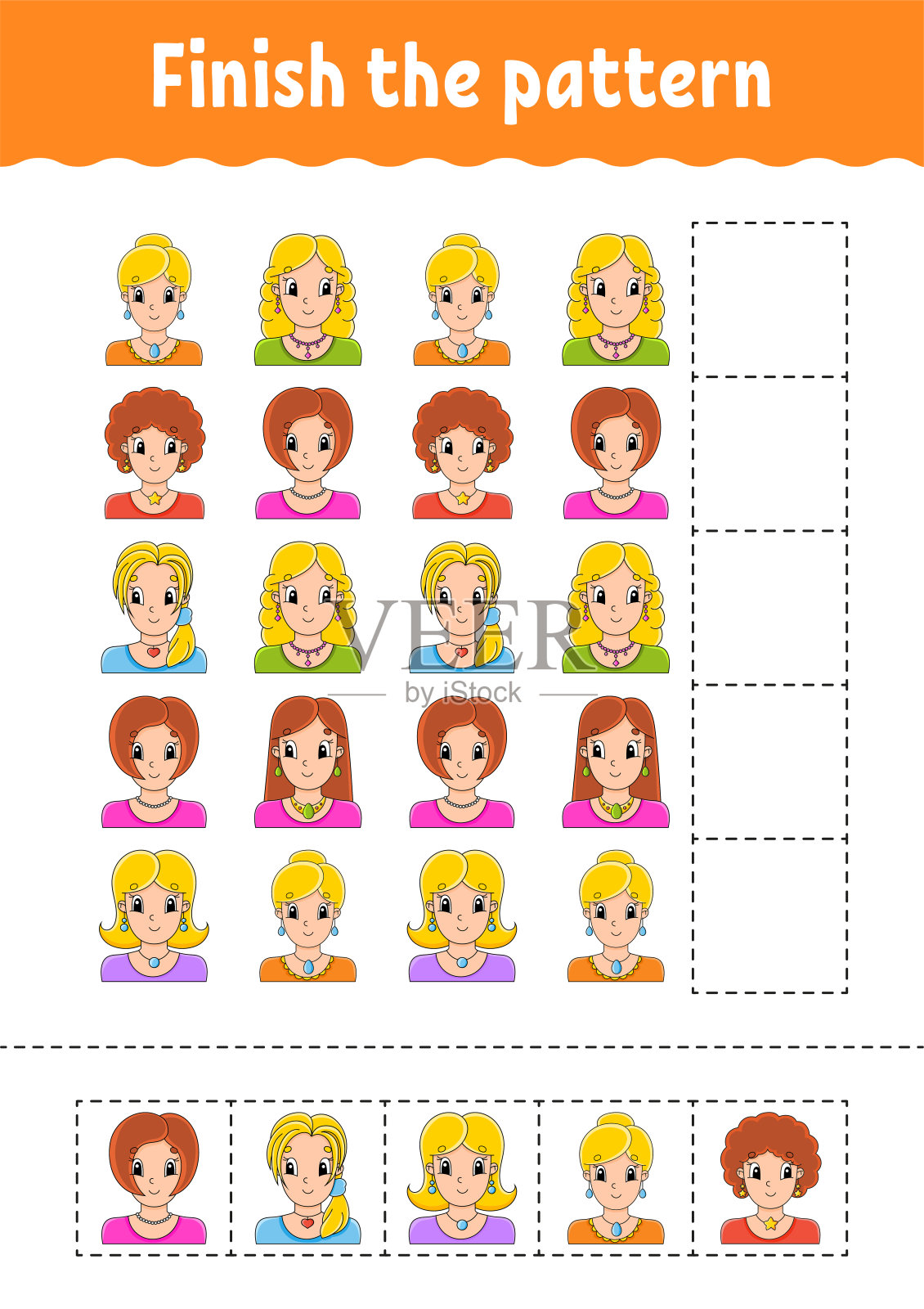 完成模式。剪切和玩。教育发展工作表。活动页面。卡通人物。矢量插图。设计元素图片