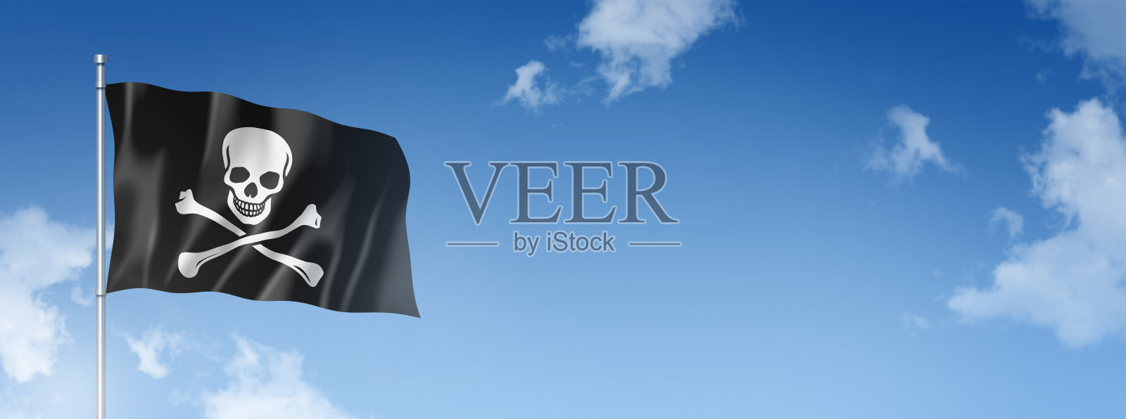 海盗旗，海盗旗，孤立在蓝天上。水平的旗帜照片摄影图片