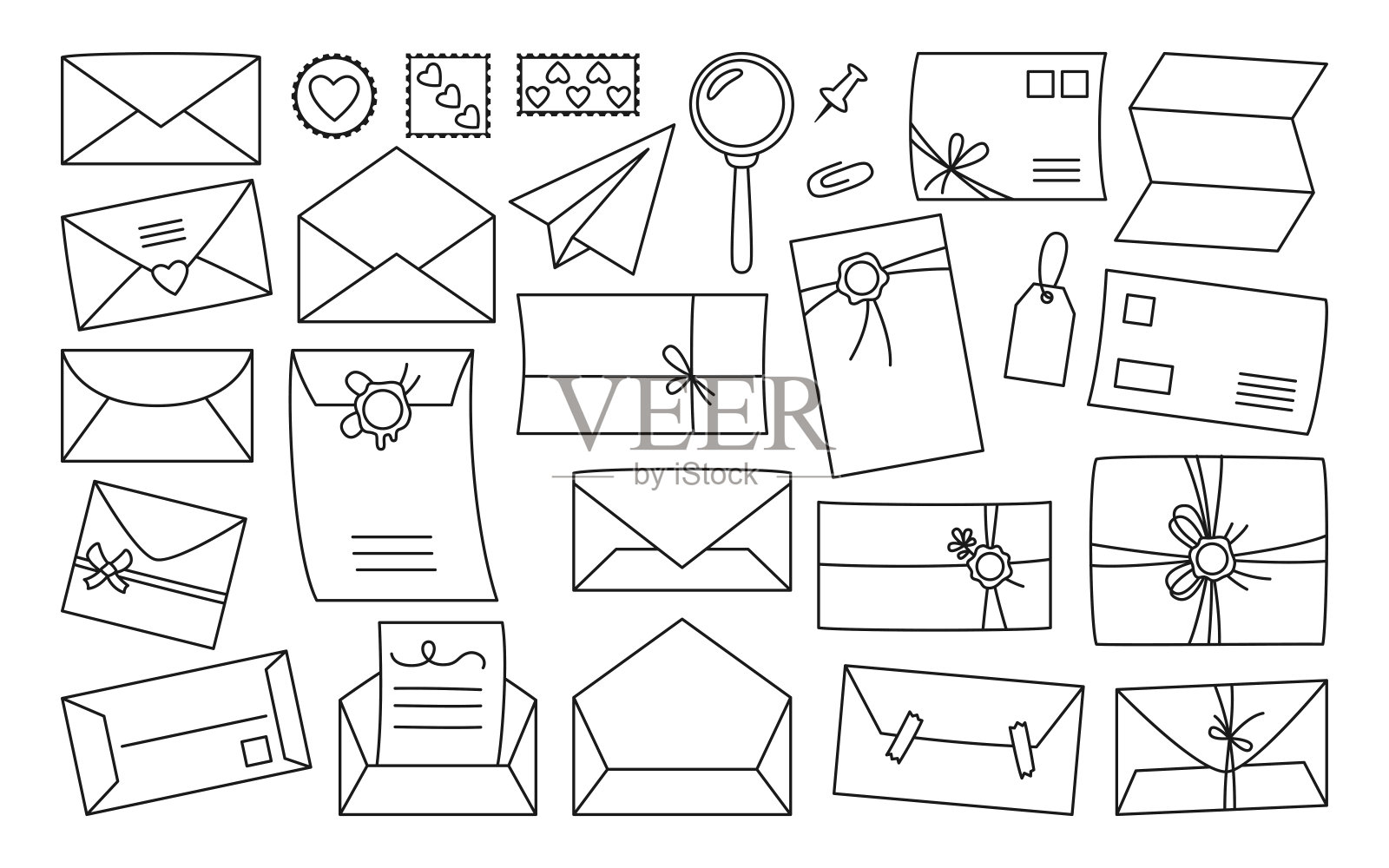 邮件信封邮戳明信片涂鸦集手工剪贴簿线牛皮纸复古信插画图片素材
