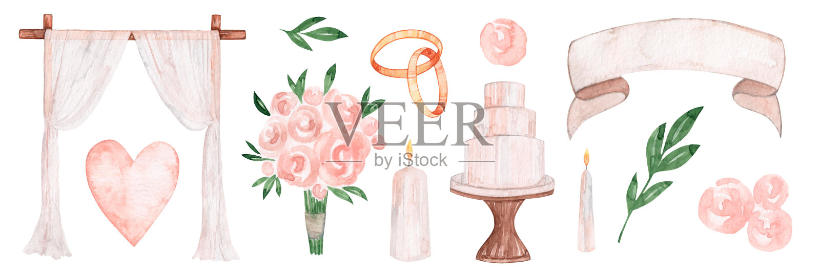 水彩婚礼绘画集。拱门，蛋糕，结婚戒指，蜡烛，新娘花束，粉色心形，丝带，小树枝。孤立在白色背景。插画图片素材