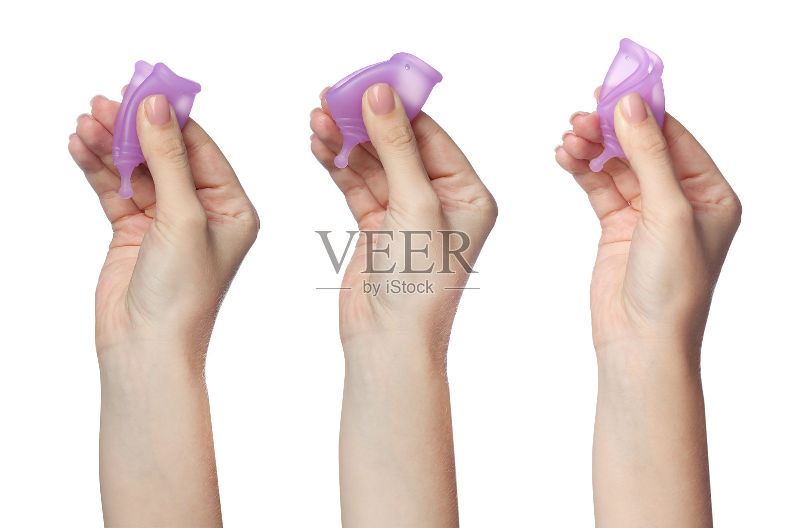 与女性折叠月经杯的照片拼贴在白色背景，特写照片摄影图片