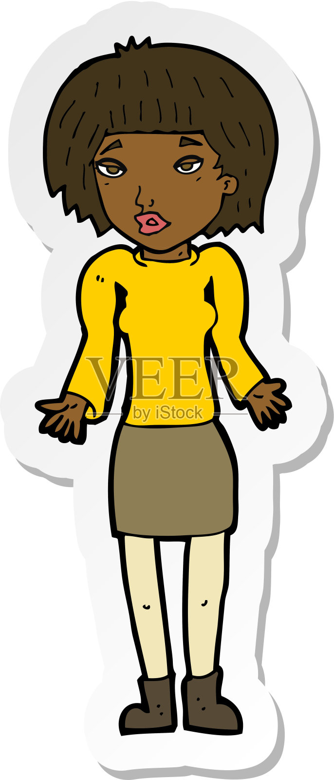 一个耸肩的卡通女人的贴纸插画图片素材