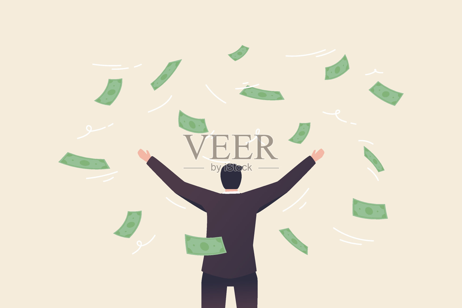 成功商人，财务自由。金融财富。成功的投资者。从投资中获利。 商人在空中撒钱。插画图片素材