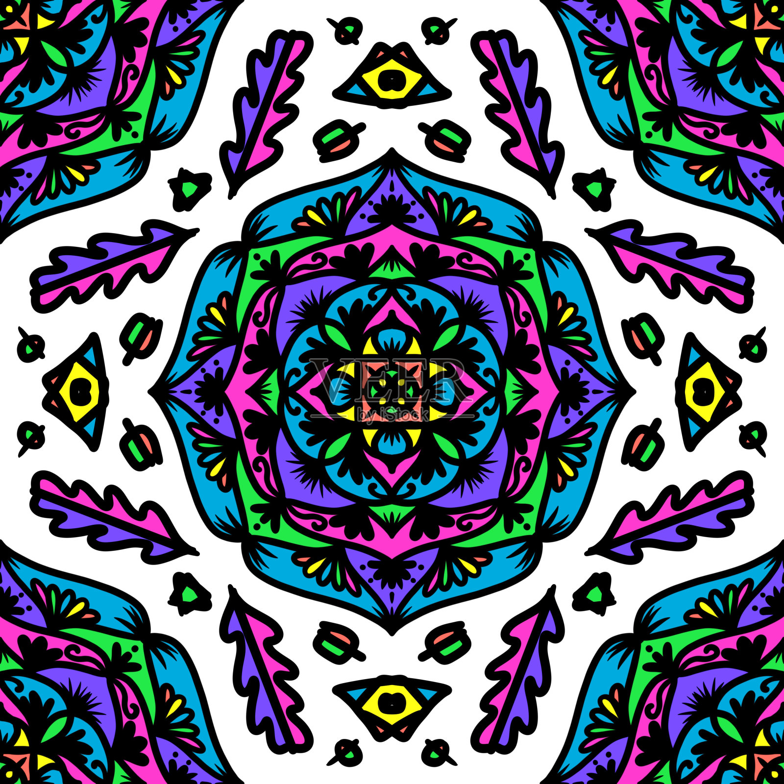 无缝图案花配曼荼罗，复古装饰元素，复古装饰元素插画，民族曼荼罗配五彩部落饰品，五彩花卉图案插画图片素材