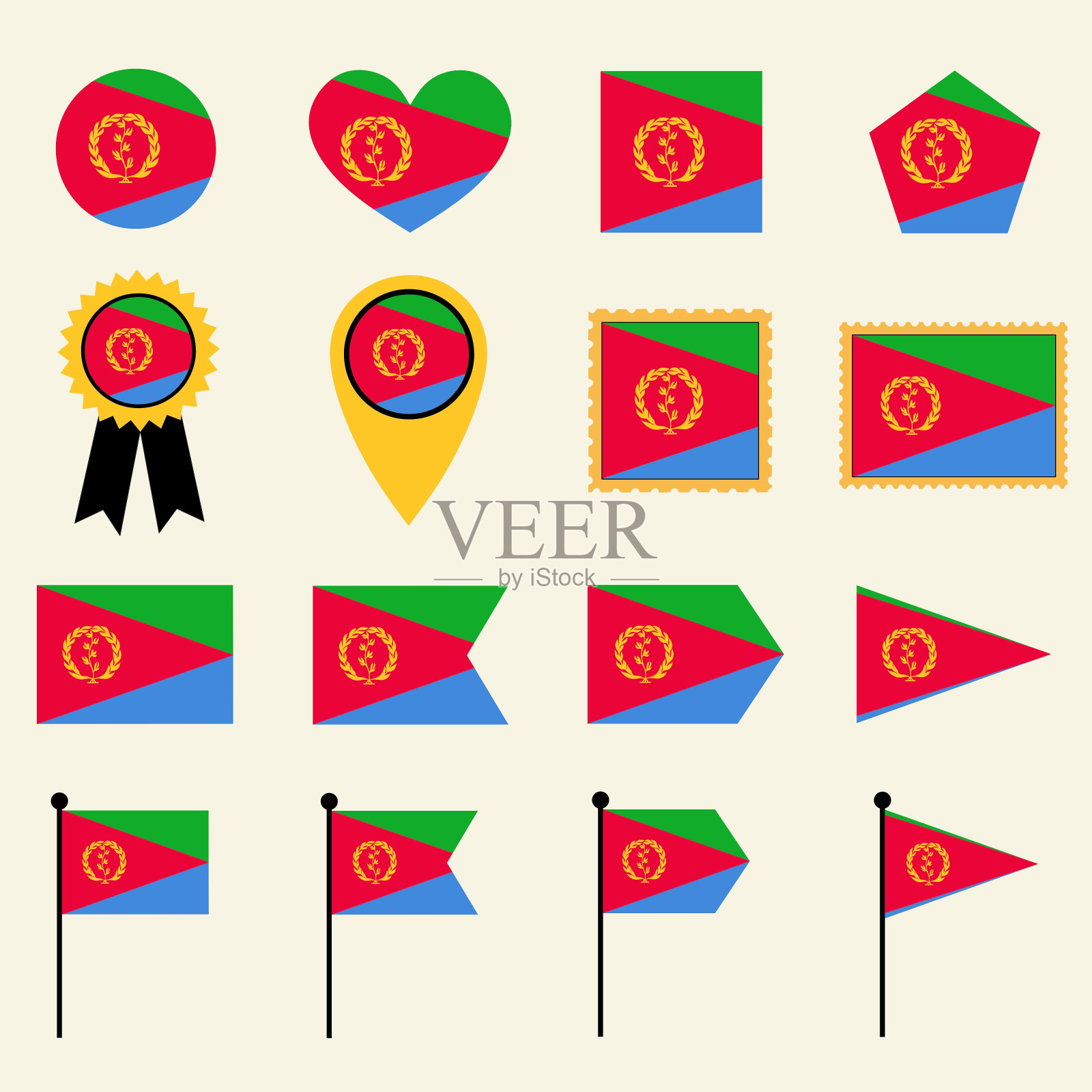 厄立特里亚国旗图标设置在16个形状版本。插画图片素材