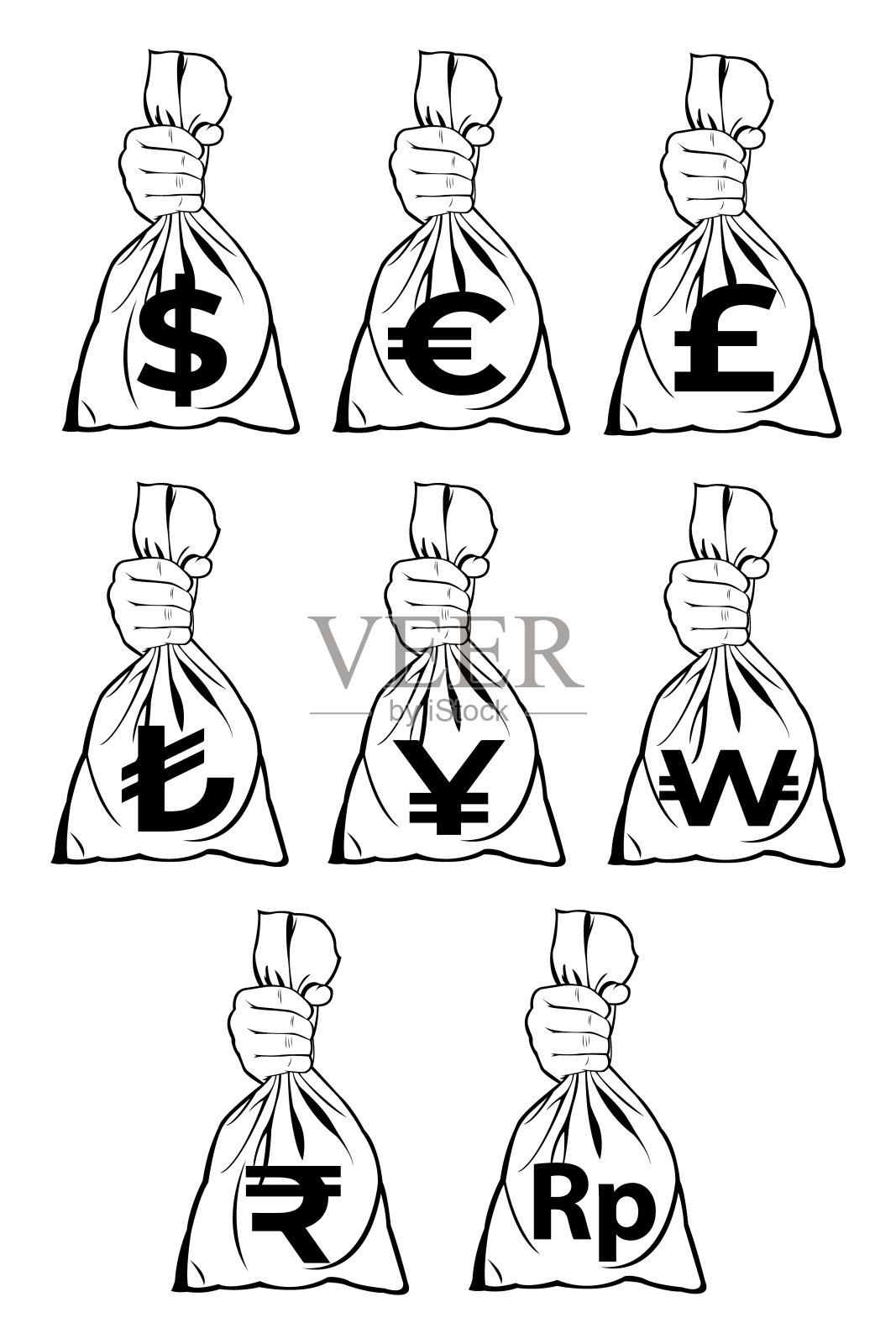 来自不同国家的钱袋的简单向量集插画图片素材