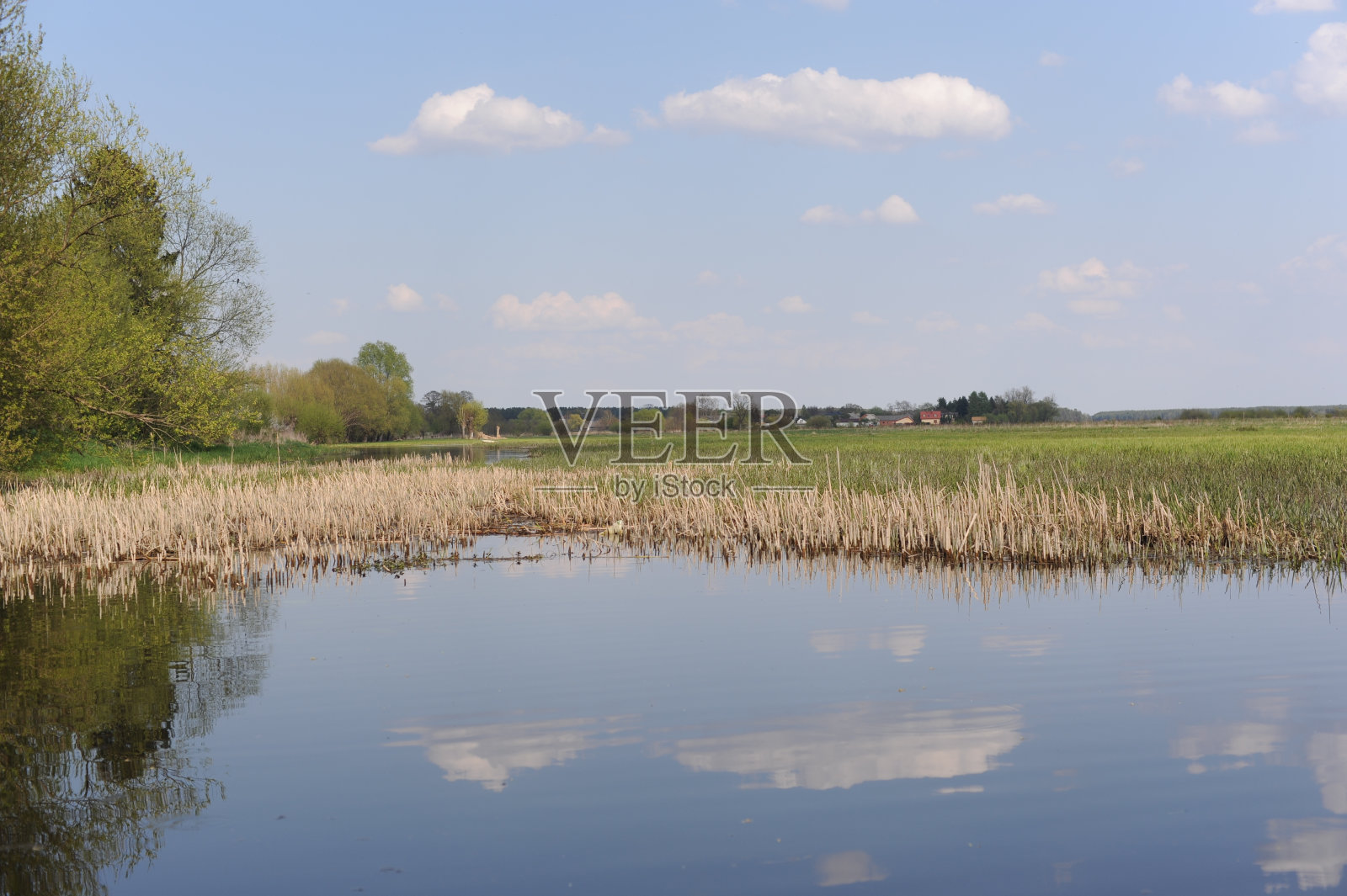 宁静的河流和树木与春天的天空反射照片摄影图片