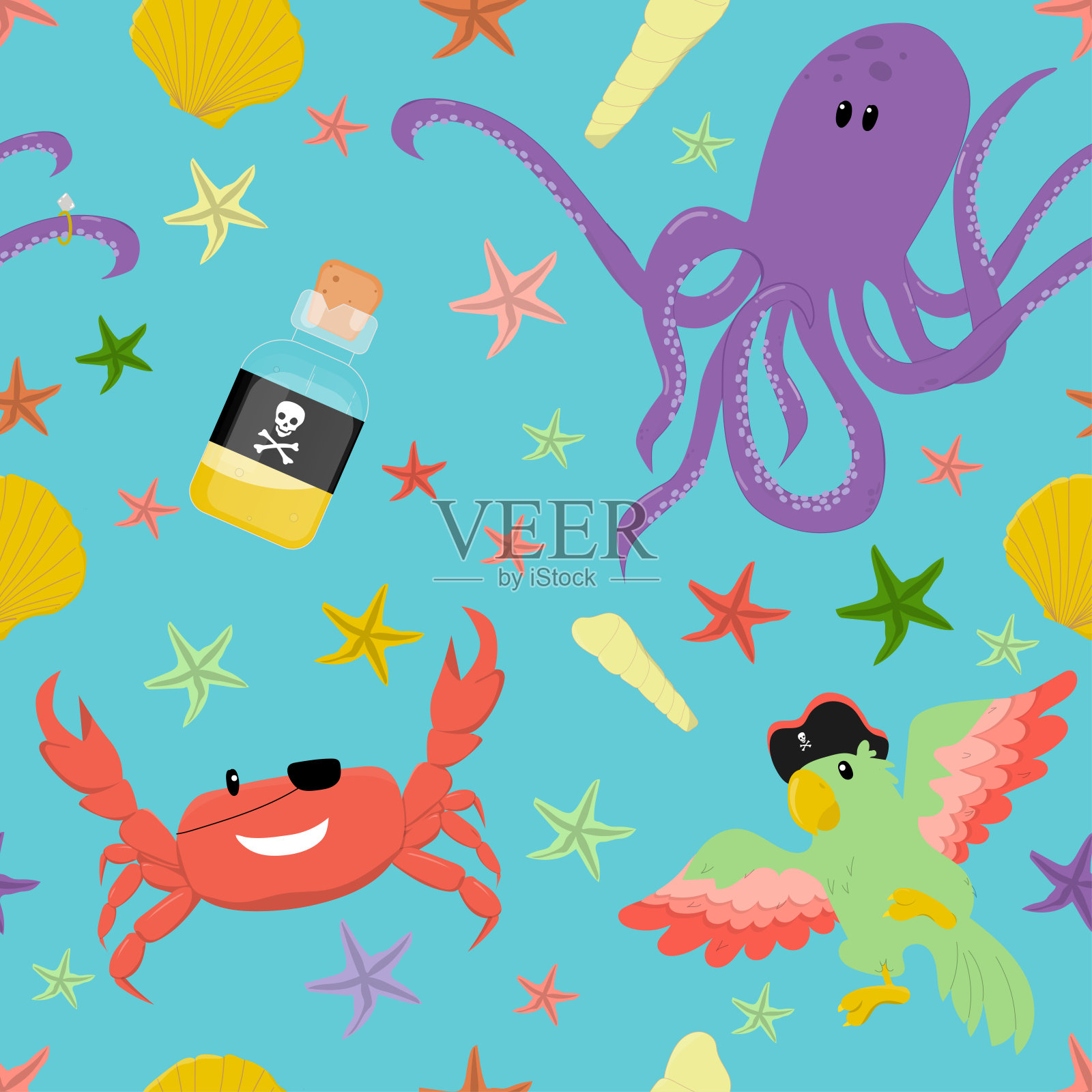 海盗水下动物矢量无缝模式。插画图片素材