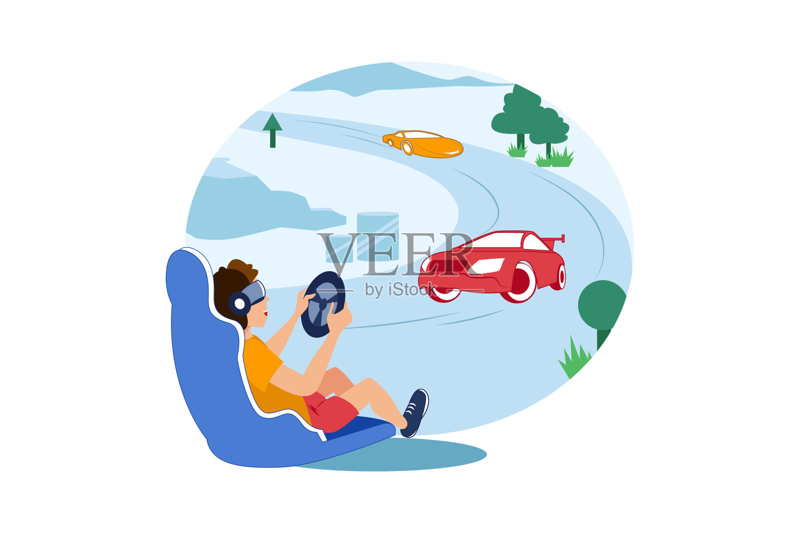 男孩使用VR玩赛车游戏插画图片素材