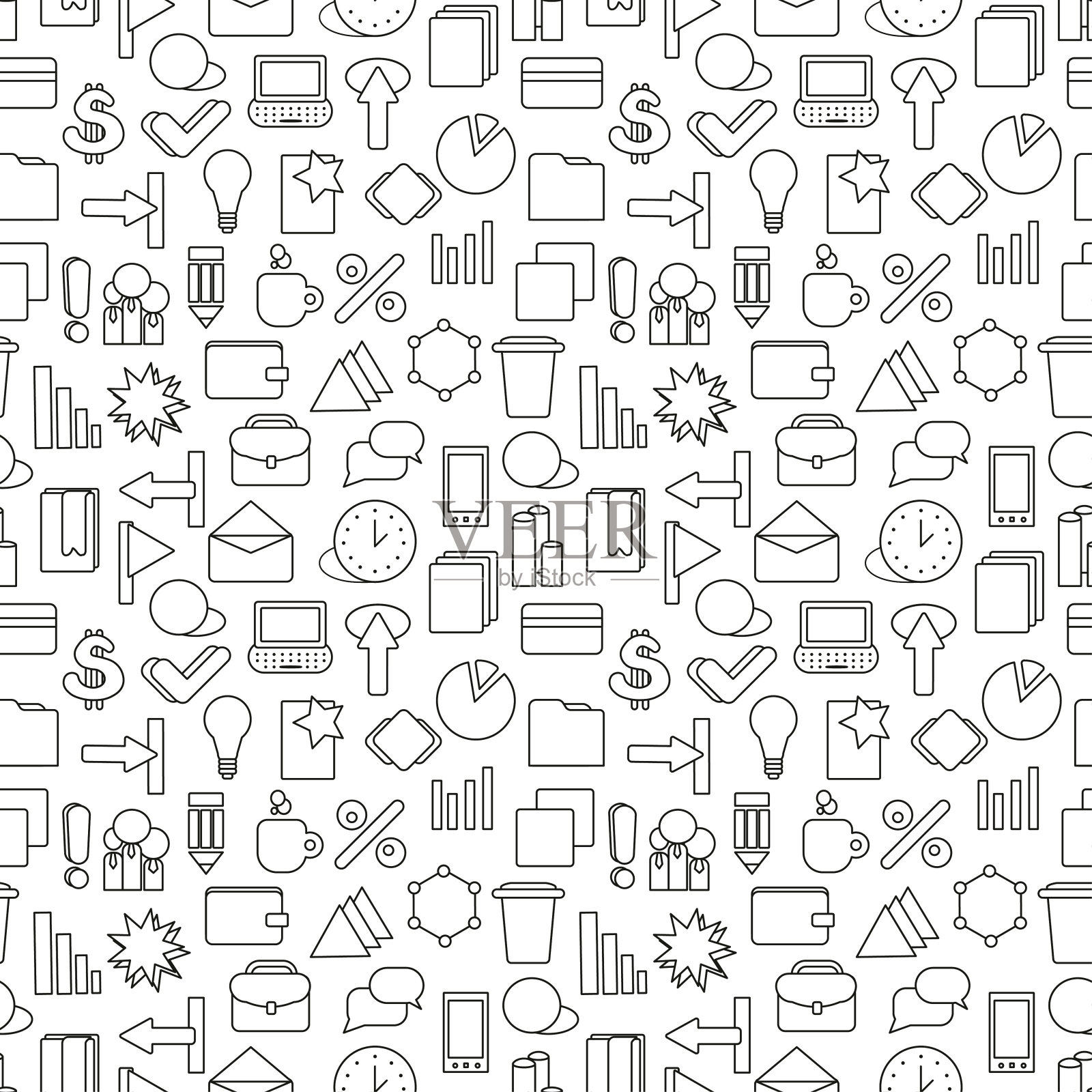 业务战略墙纸。黑白营销无缝模式。平铺纹理与细线网络图标集。矢量插图。移动应用程序，网站，演示的抽象背景。插画图片素材