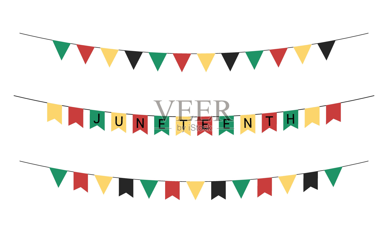 六月旗子孤立。矢量套自由日花环和旗帜在传统非洲的颜色。六月旗的三角形和矩形集合插画图片素材