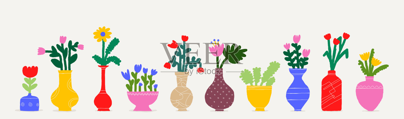 一组抽象的植物。简单的各种家庭盆花。手绘彩色幼儿风格艺术。花艺设计，朴素艺术，多彩时尚。矢量插图孤立在白色背景上。插画图片素材