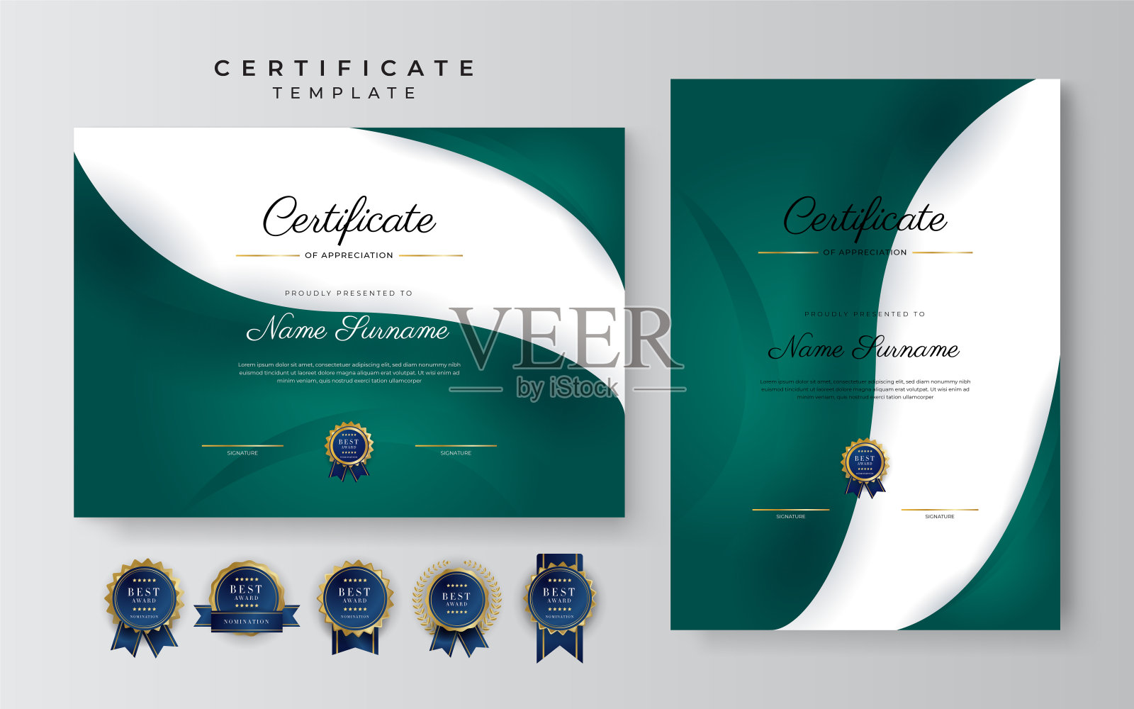 现代深绿色和金色的商业证书设计模板专业风格与金色徽章和边框图案。矢量图插画图片素材