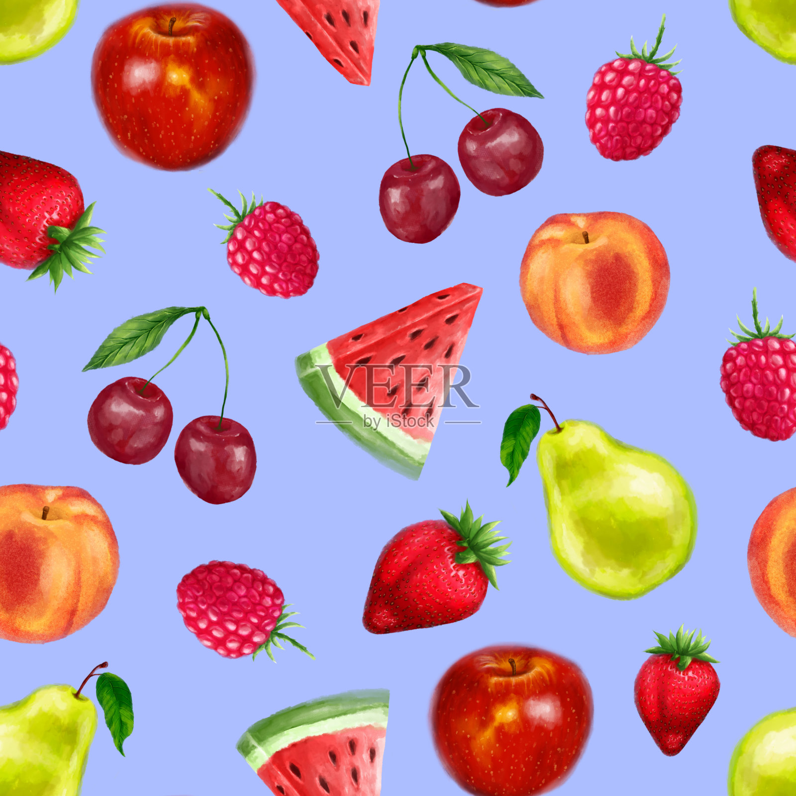 多汁的水果无缝图案。明亮的水彩风格的夏季设计。插画图片素材