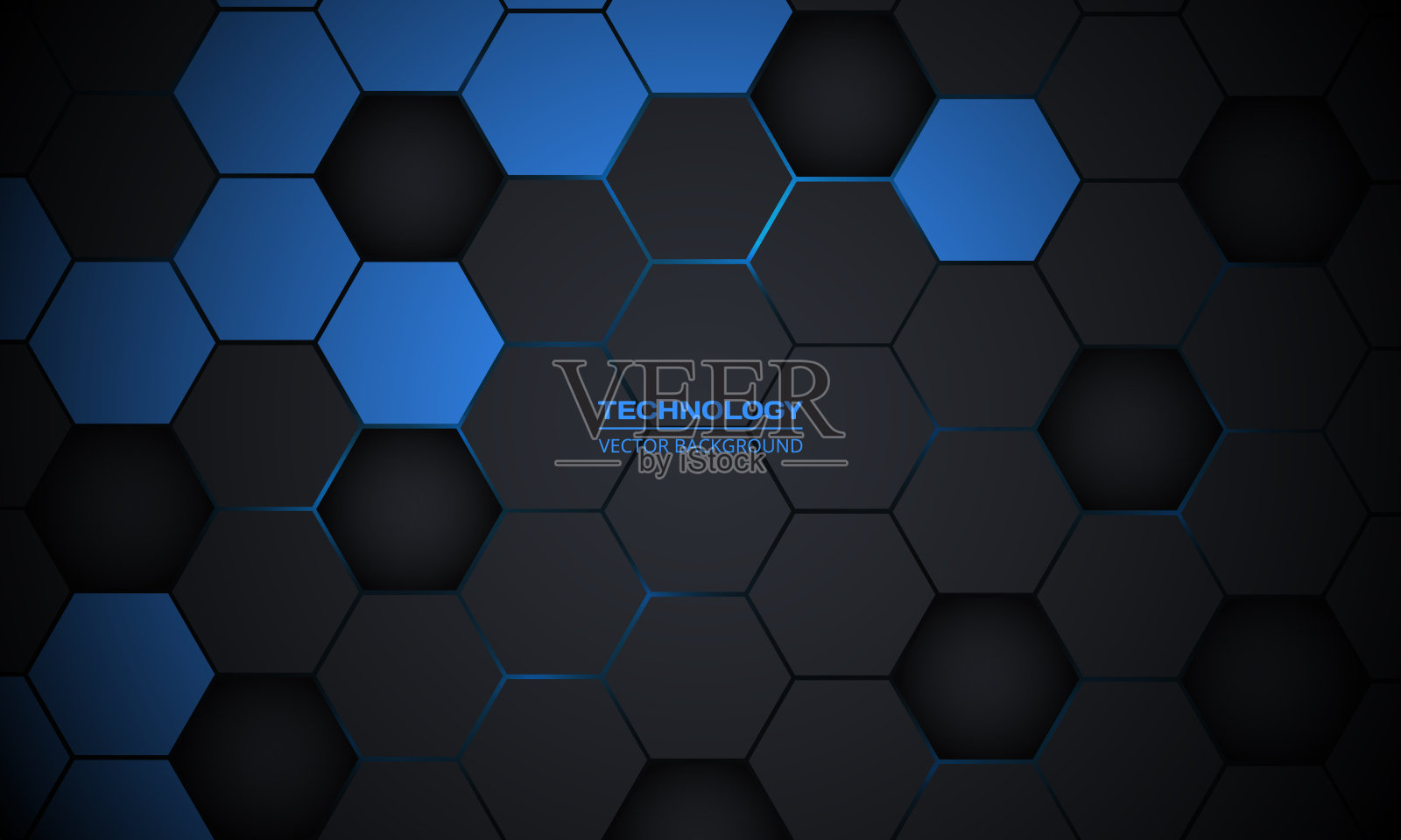 深灰色和蓝色的六边形抽象技术背景。插画图片素材