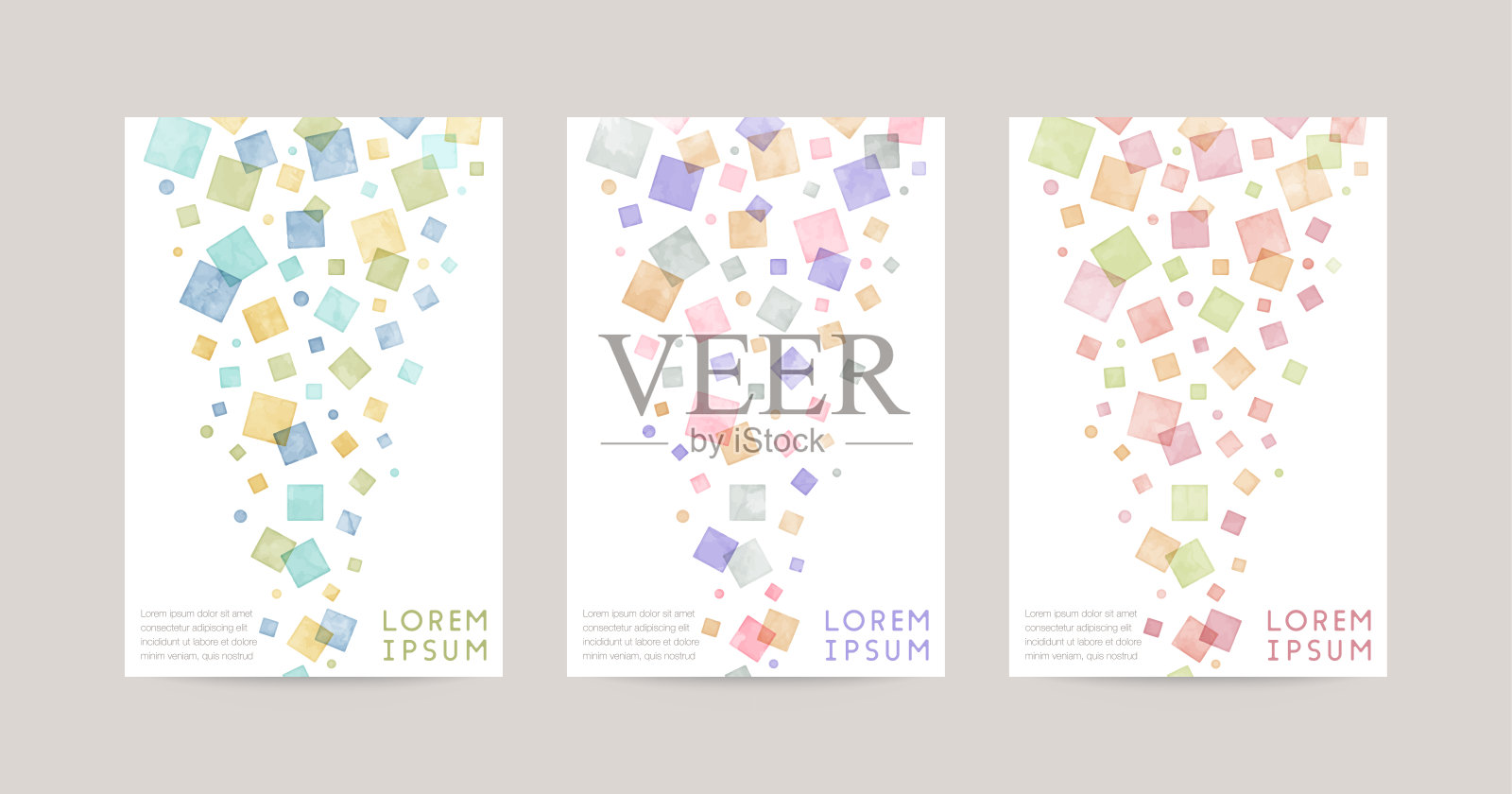 矢量卡设计模板与彩色方块，白色背景上的水彩装饰设计模板素材
