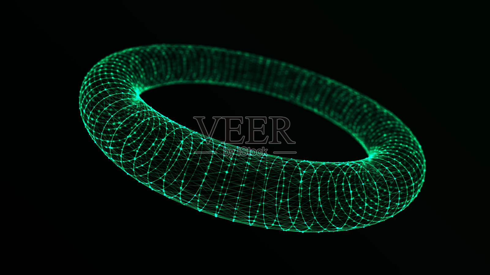 摘要绿色背景上的动态线框环面。科学数据的流动。未来的数字技术。3 d渲染。照片摄影图片