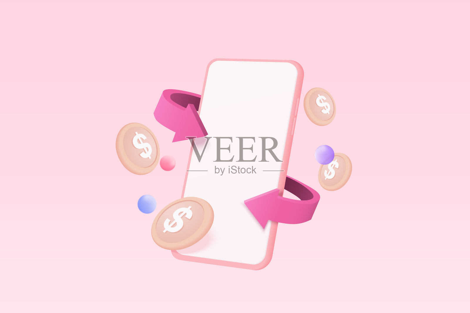 3D货币支付转账系统在线支付理念，将现金和浮币兑换与手机银行捆绑在一起。3d智能手机和无现金社会与矢量渲染插图插画图片素材