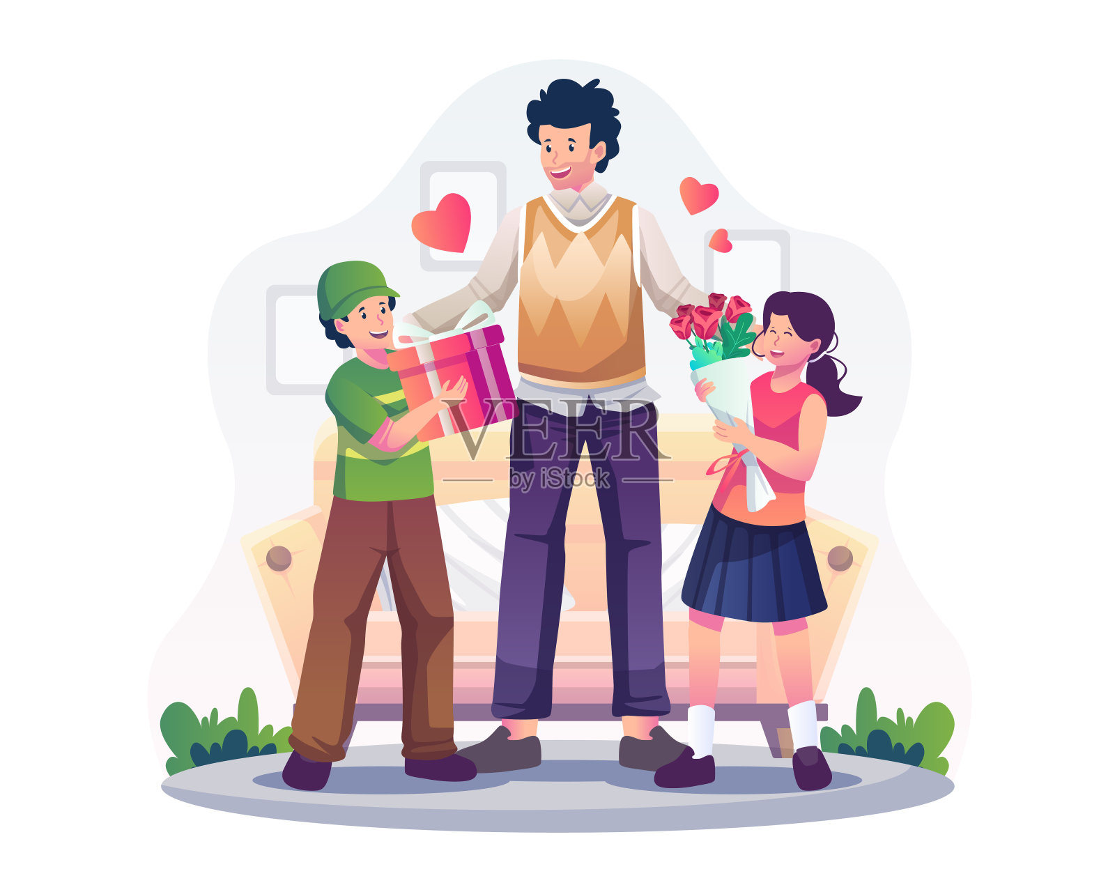 父亲节那天，儿子和女儿给父亲送礼物和鲜花。祝您父亲节快乐。平面风格矢量插图设计模板素材