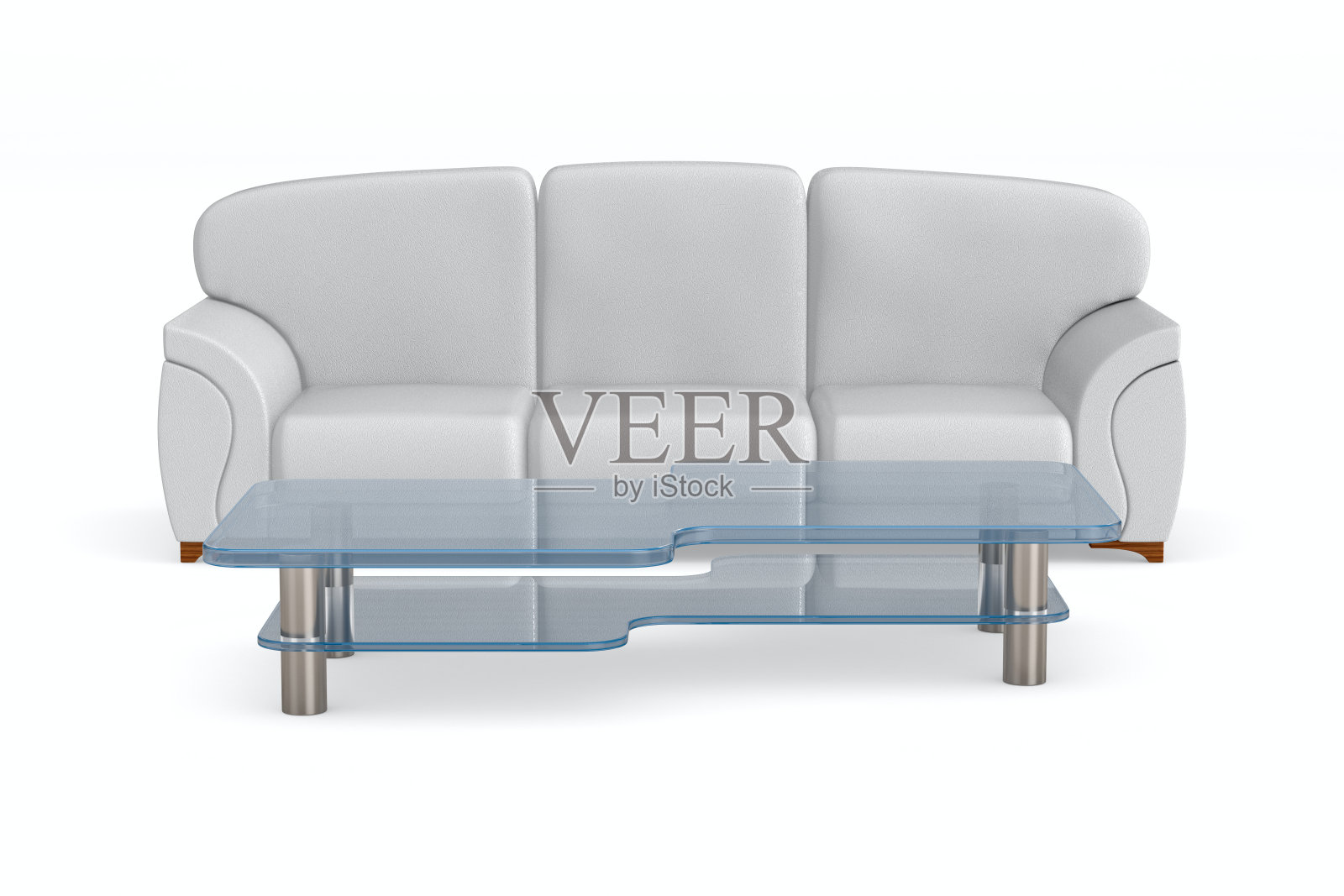 白色真皮沙发和白色背景的矮桌。孤立的3 d演示照片摄影图片