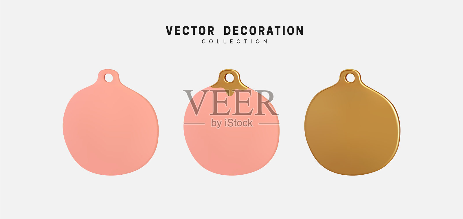 粘土圆形状平粉红色和金色现实3d，孤立的一组对象在白色背景。装饰设计元素。圣诞新年玩具与文字下面的地方。矢量图插画图片素材