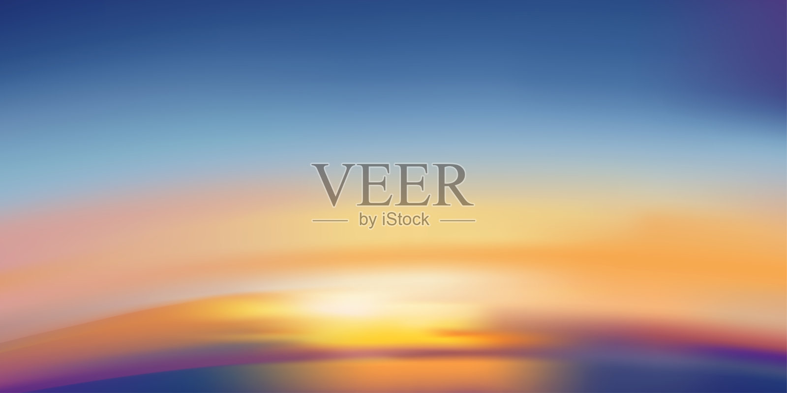 傍晚的日落天空以橙色、黄色、紫色为主色调，戏剧性的黄昏景观鸭天空以蓝色为主色调，矢量地平线旗帜浪漫的日出为春夏背景，全景自然插画图片素材