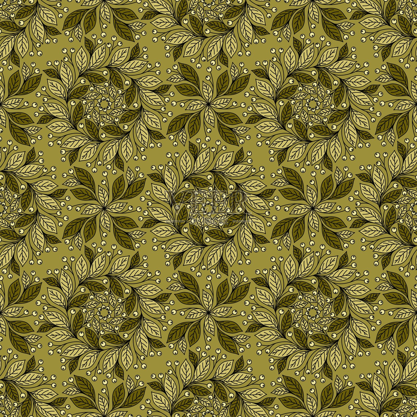 脏黄色无缝矢量背景与花卉装饰和浆果插画图片素材