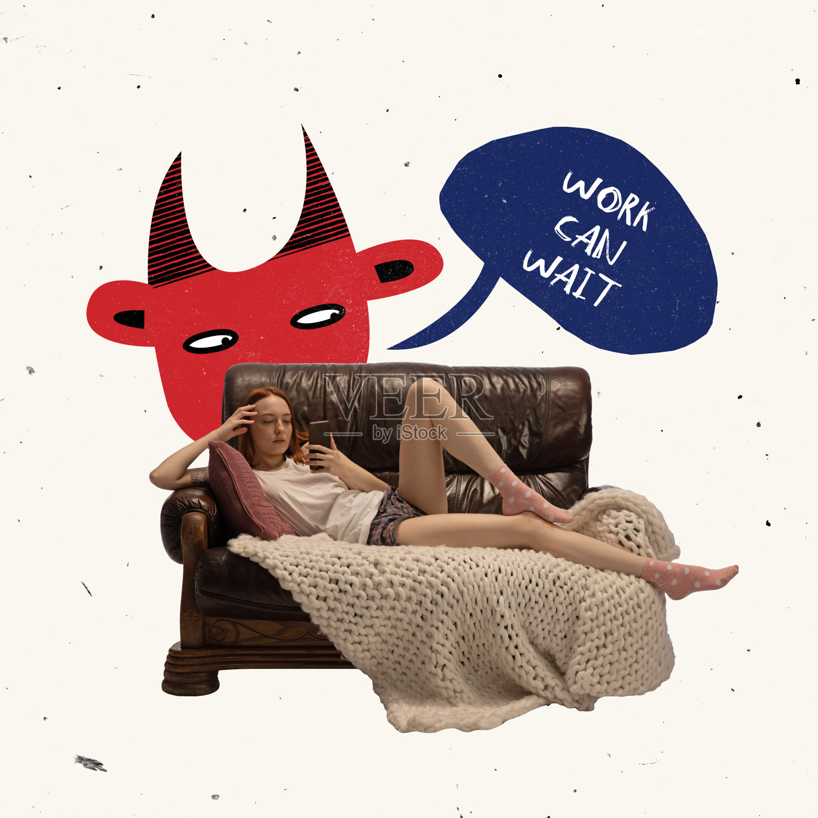 当代艺术拼贴：躺在沙发上看手机的女孩，懒惰与逃避工作插画图片素材