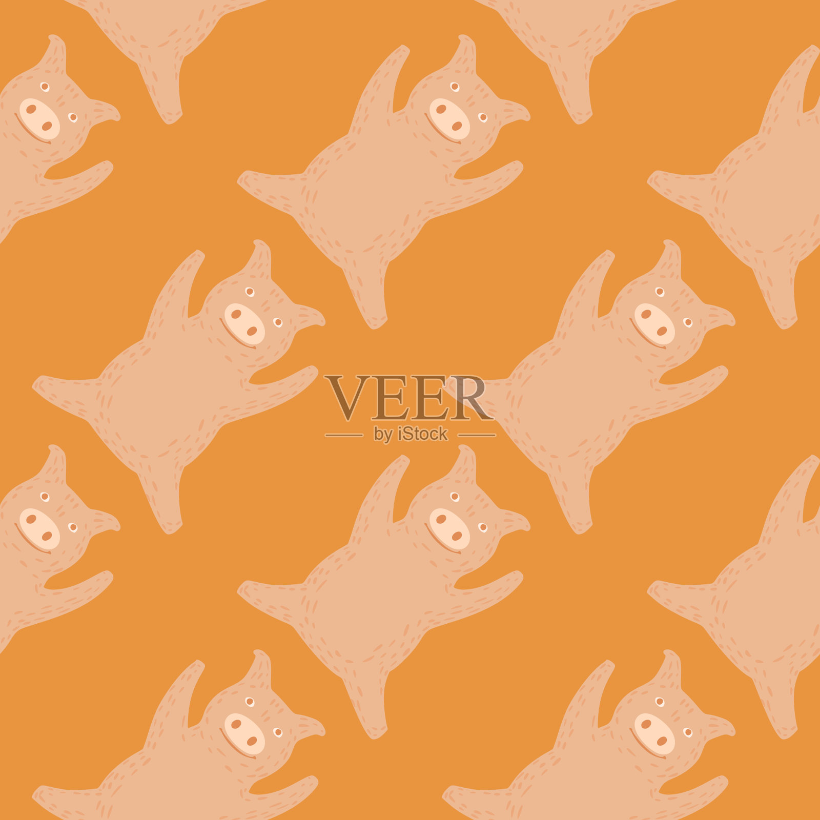 无缝图案可爱猪。涂鸦风格的胖乎乎的小猪背景。插画图片素材