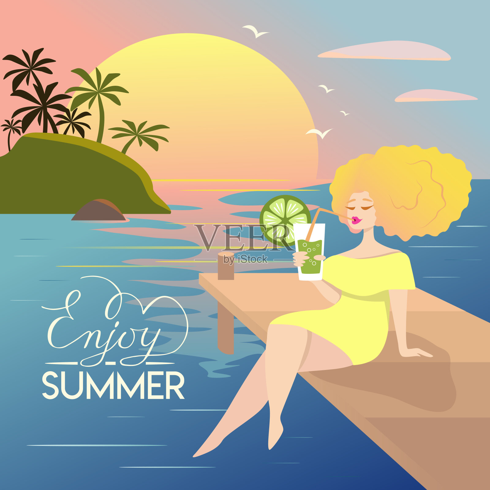 沙滩上拿着鸡尾酒的夏天女人。插画图片素材