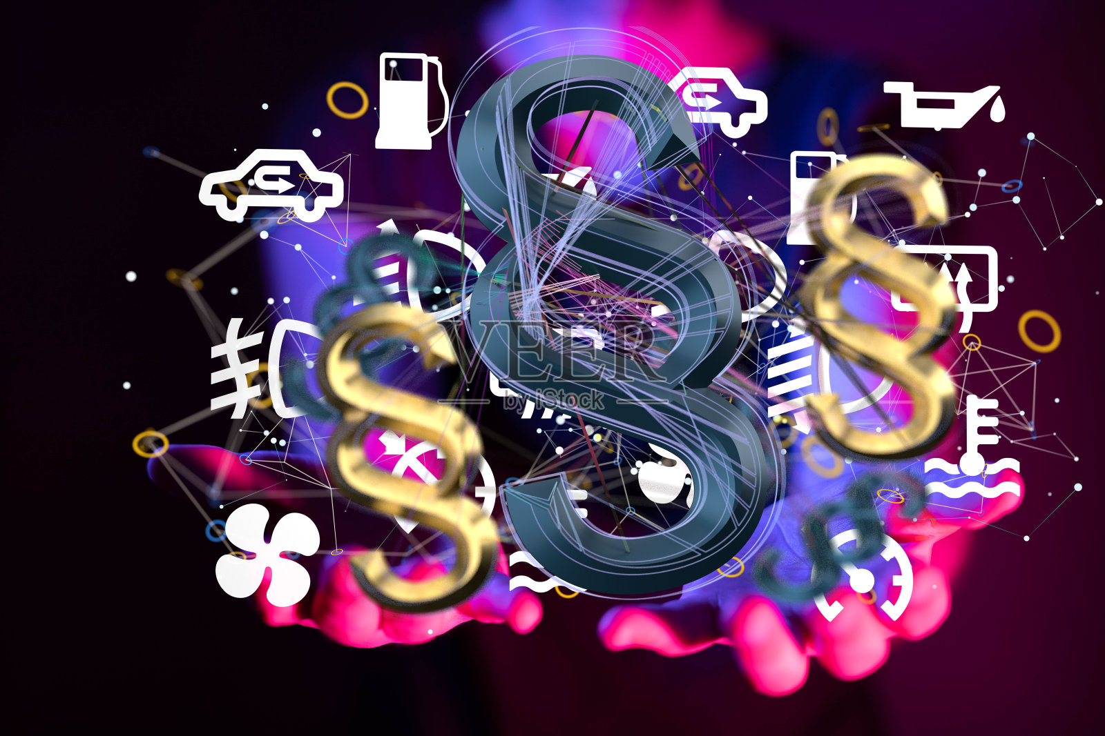 3D渲染数字插图浮动法律标志在一个男人的手照片摄影图片