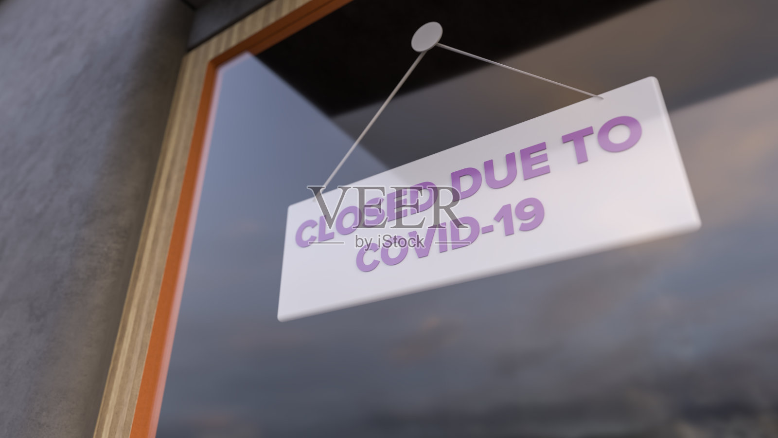 商店橱窗的标志已关闭。商店的迹象。一家商店橱窗上显示这条信息的封闭标志的特写。镜子反射出白天的城市和天空。三维渲染照片摄影图片