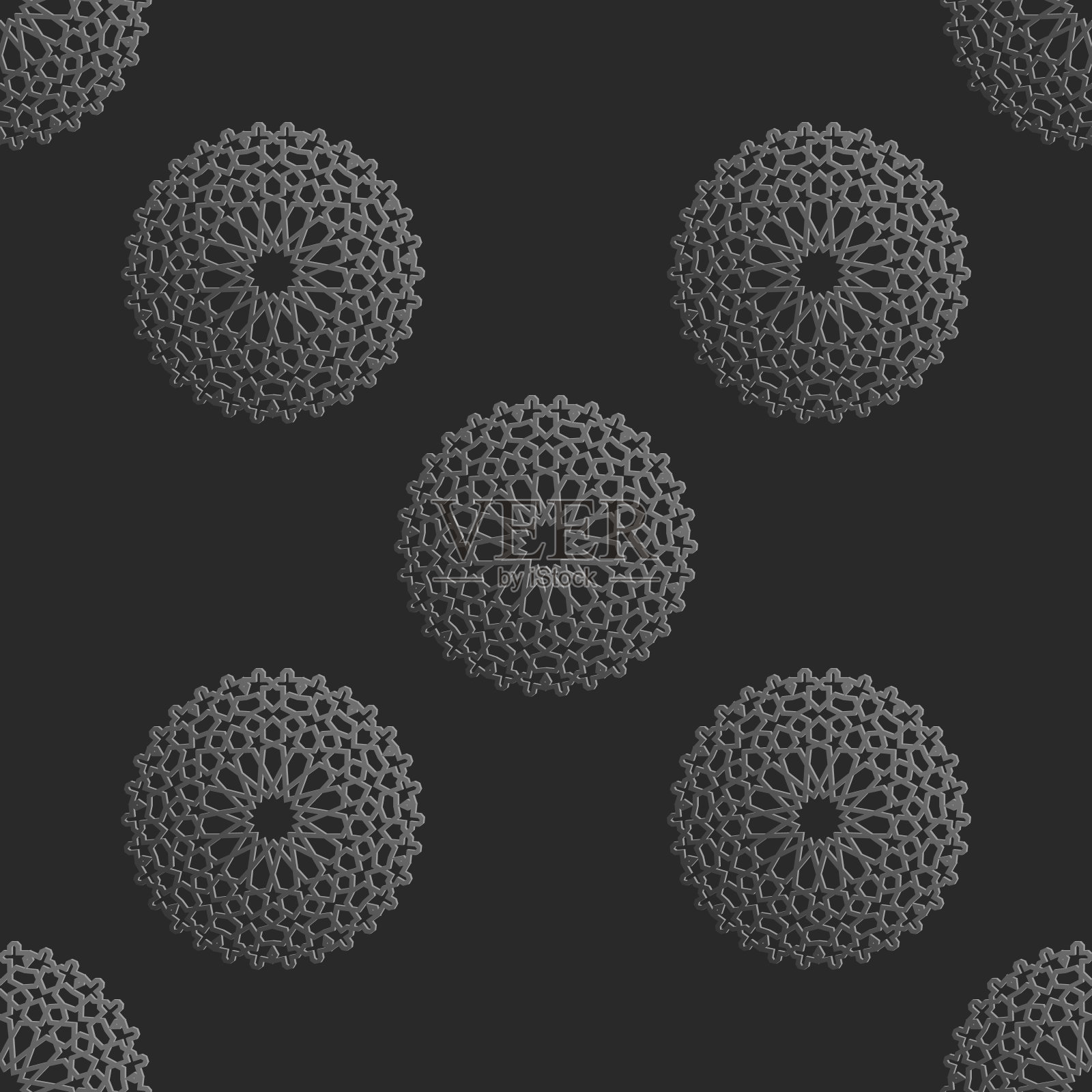 无缝伊斯兰图案与放射装饰摩洛哥风格。黑色背景上的金属图案。抽象几何装饰向量插画图片素材