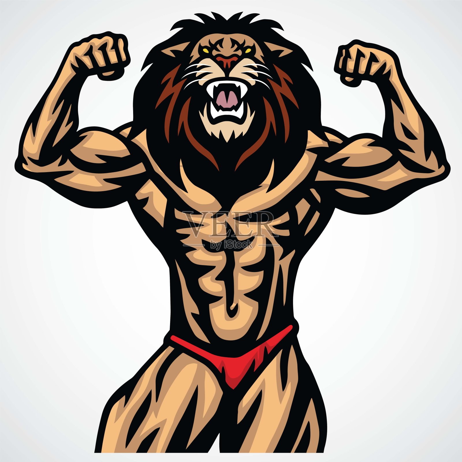 狮子斗士肌肉吉祥物标志人物设计向量插画图片素材