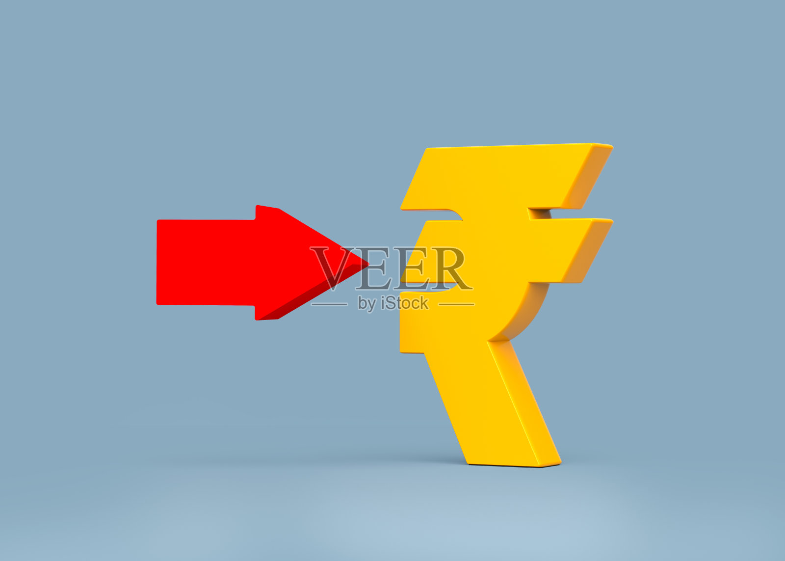 黄色卢比符号和红色箭头。照片摄影图片