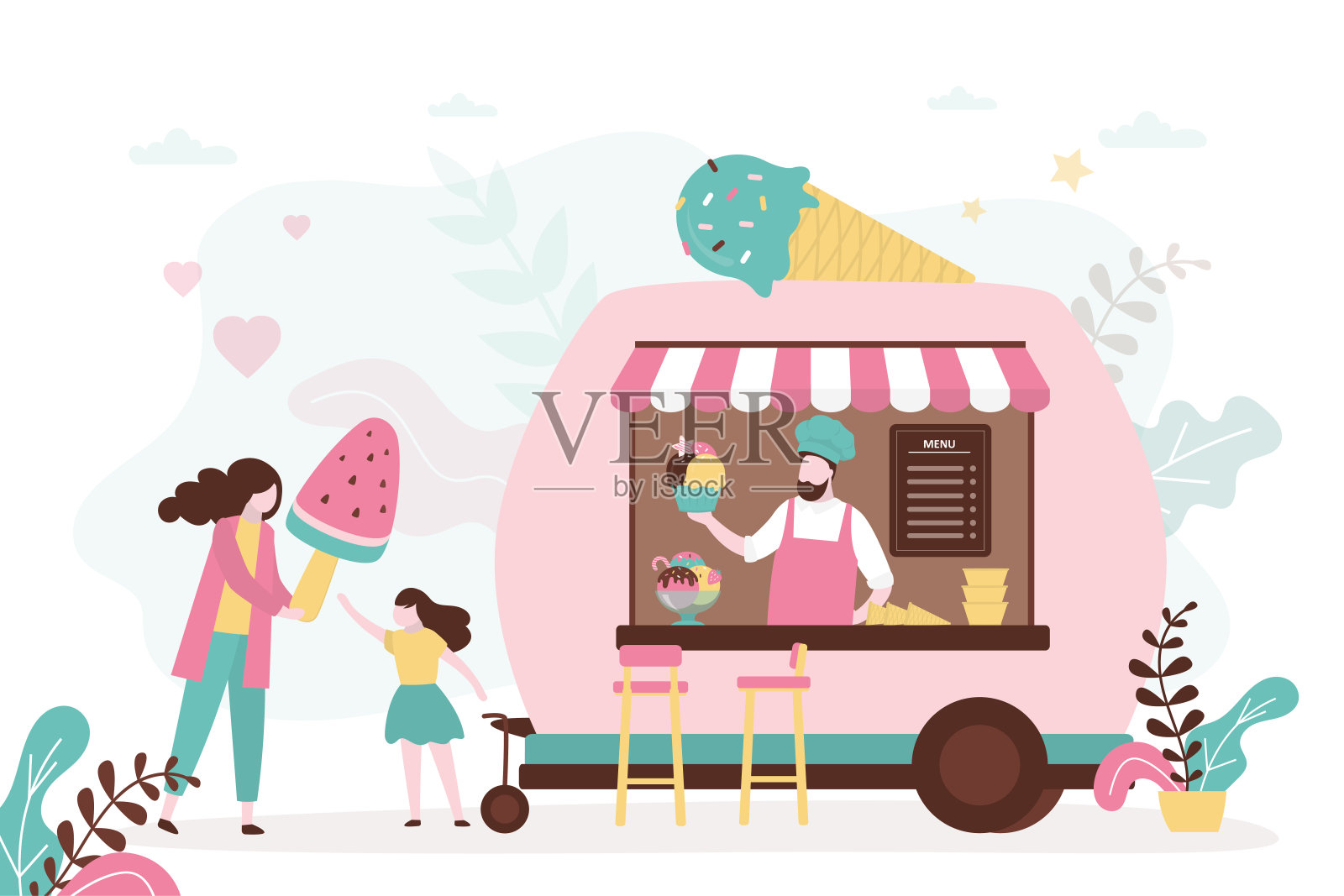 妈妈给女儿买了西瓜味的冰淇淋。在拖车里卖各种冰棍的人插画图片素材