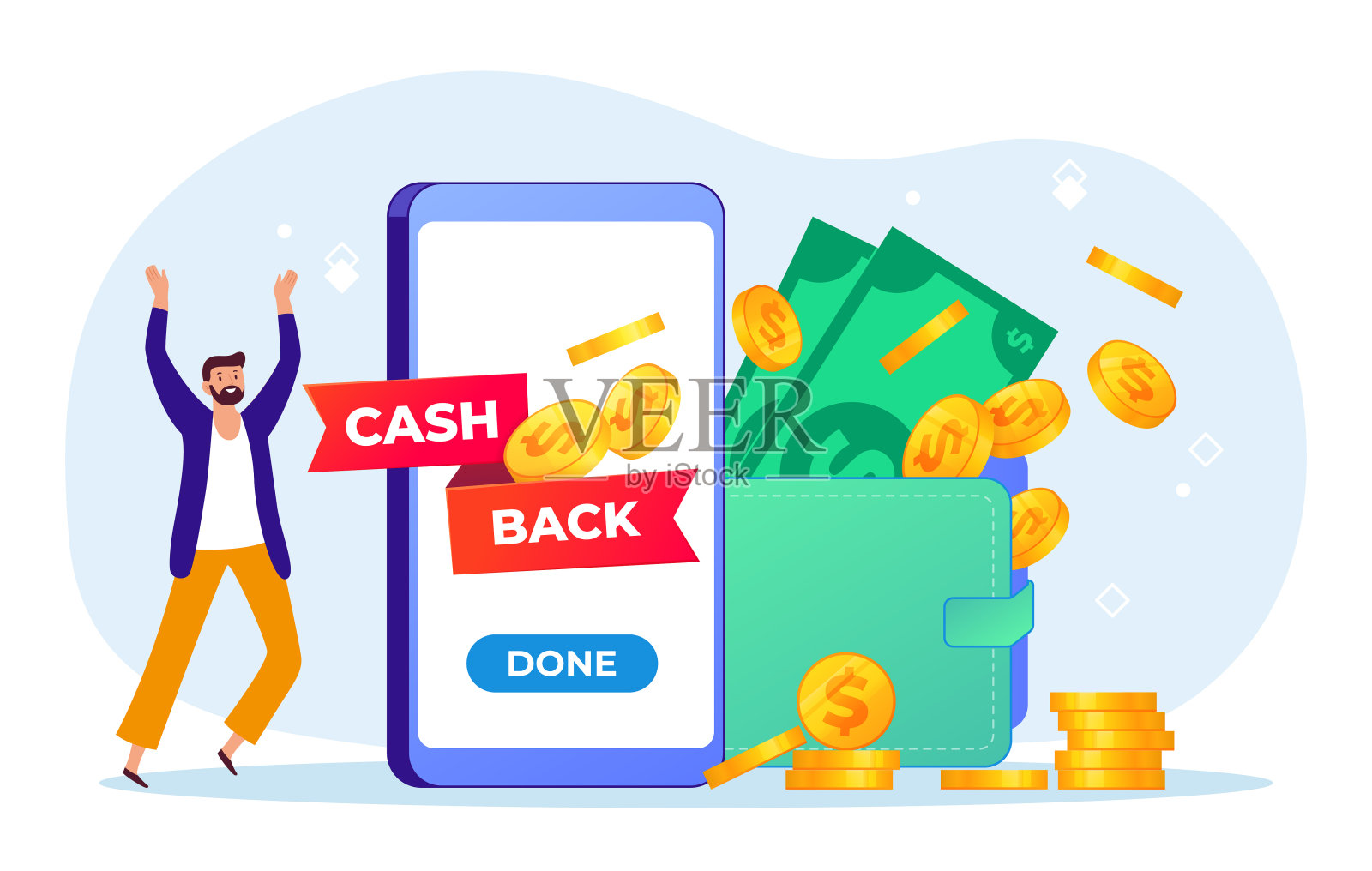 现金返还概念，快乐的人把钱拿到钱包插画图片素材