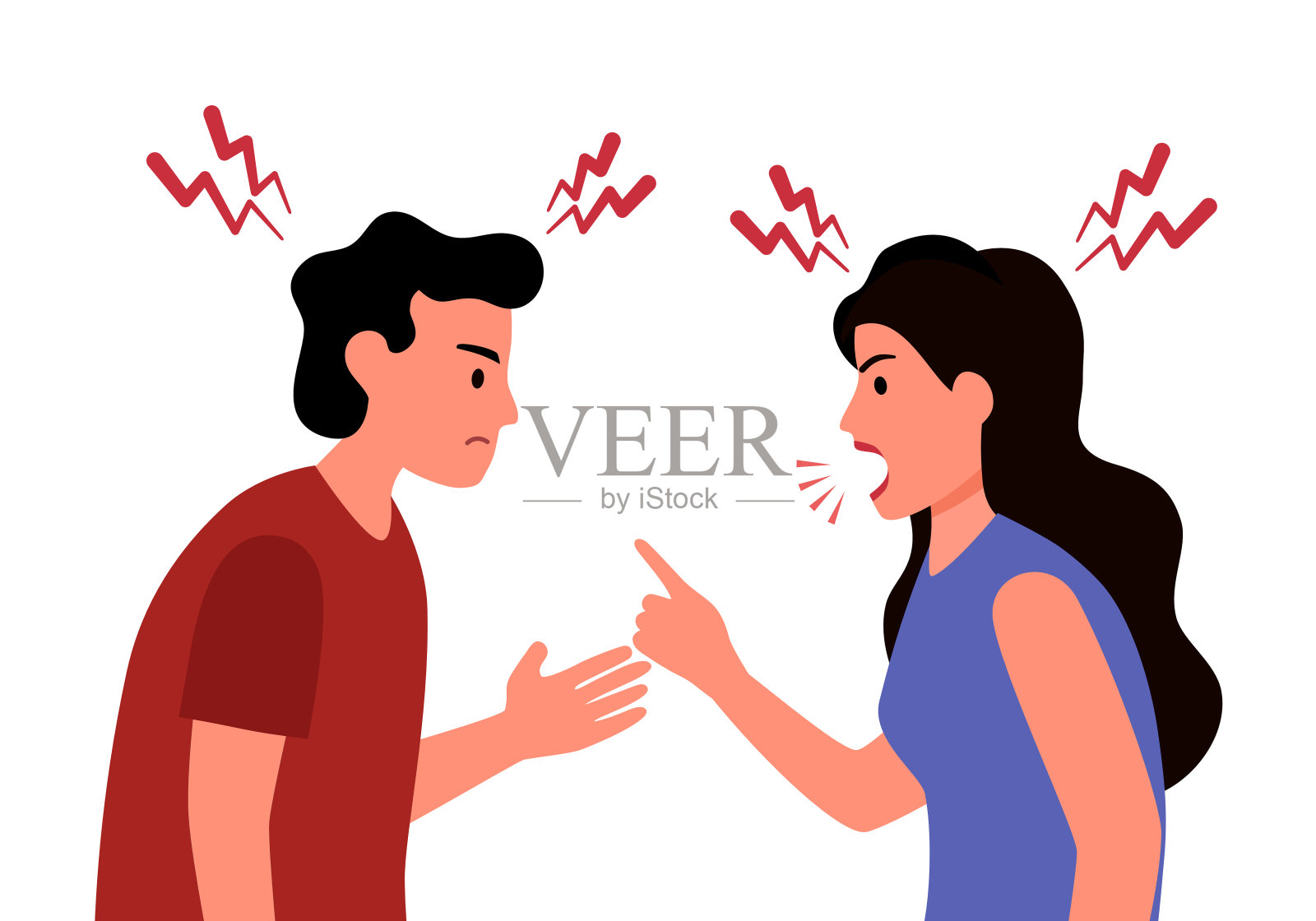 丈夫与妻子愤怒的情绪冲突在白色背景的平面设计上。插画图片素材