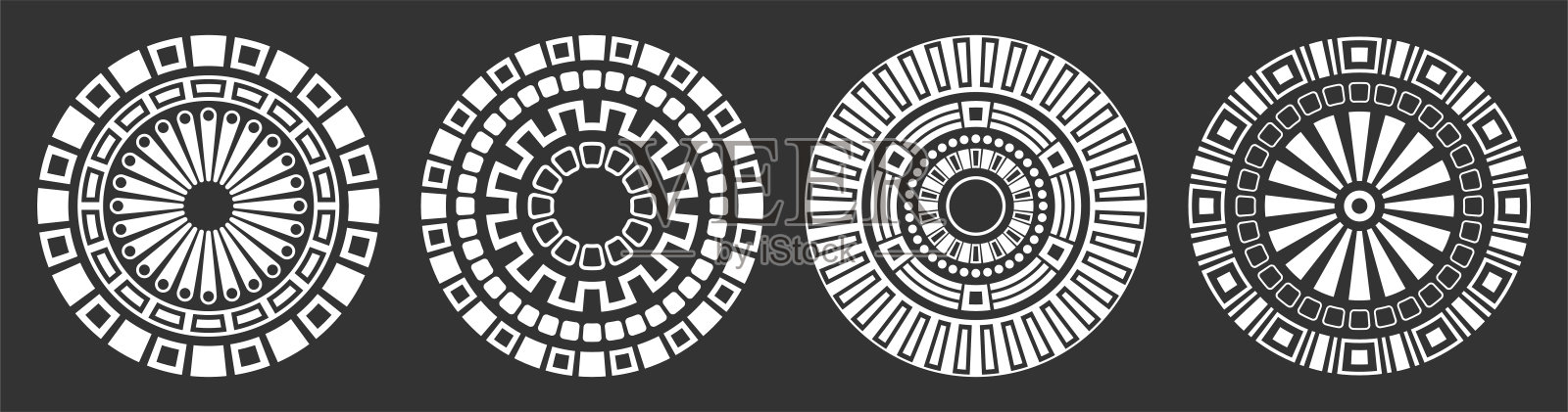 一套四个抽象的圆形饰品。黑色背景上孤立的装饰图案。部落民族图案。插画图片素材