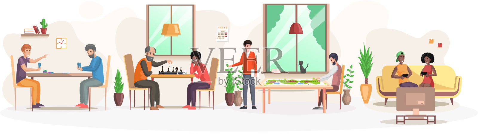 朋友们在家里玩桌游休息。卡通人物在一起度过了美好的时光。玩游戏插画图片素材