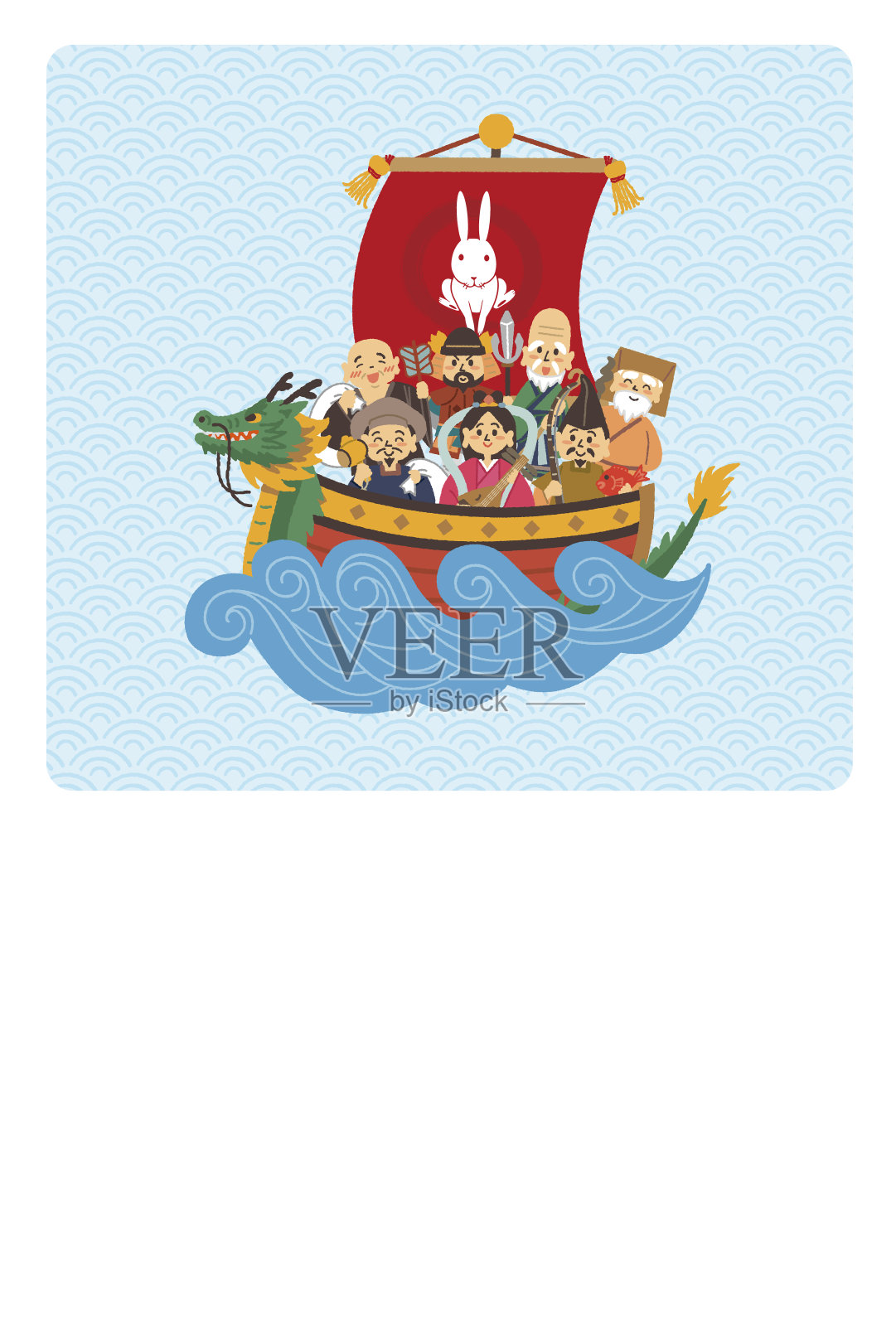 一种以七神为特色的新年贺卡设计。插画图片素材