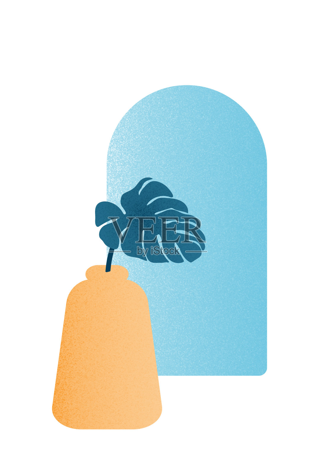 抽象的插图，一个半椭圆形窗口背景上的一个花瓶，上面有一片热带的怪兽叶子。矢量设计在一个平面的风格与纹理，柔和的柔和的色调。海报、背景图片。插画图片素材