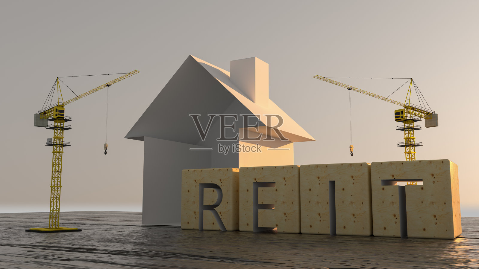 缩写REIT作为房地产投资信托的概念形象。许多房屋和建筑起重机。三维渲染照片摄影图片