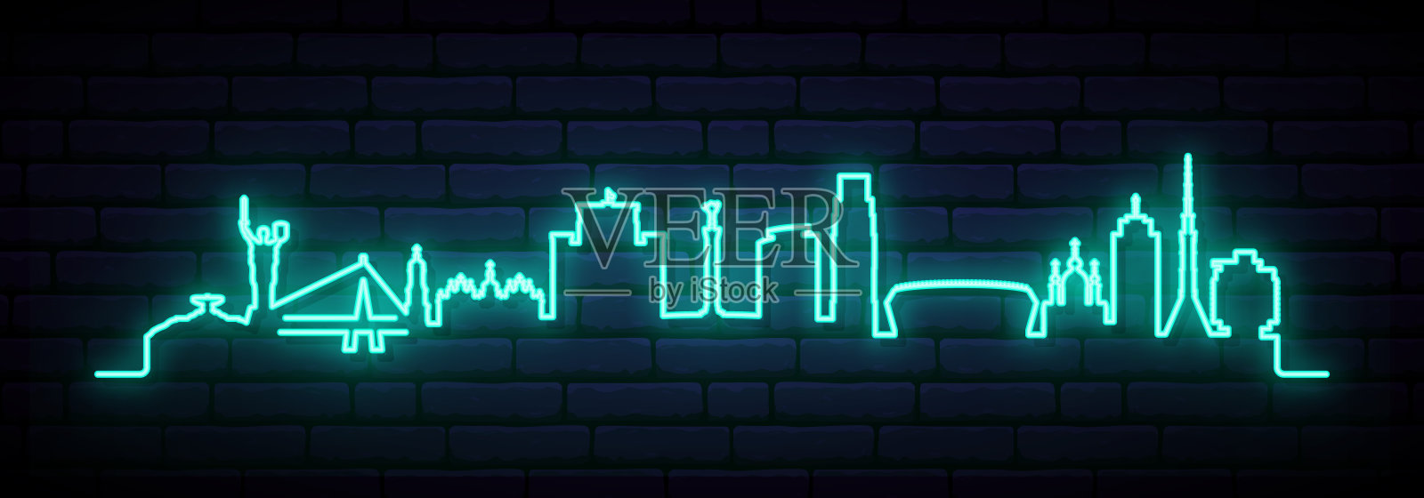 基辅的蓝色霓虹灯天际线。明亮的基辅市长横幅。矢量插图。插画图片素材