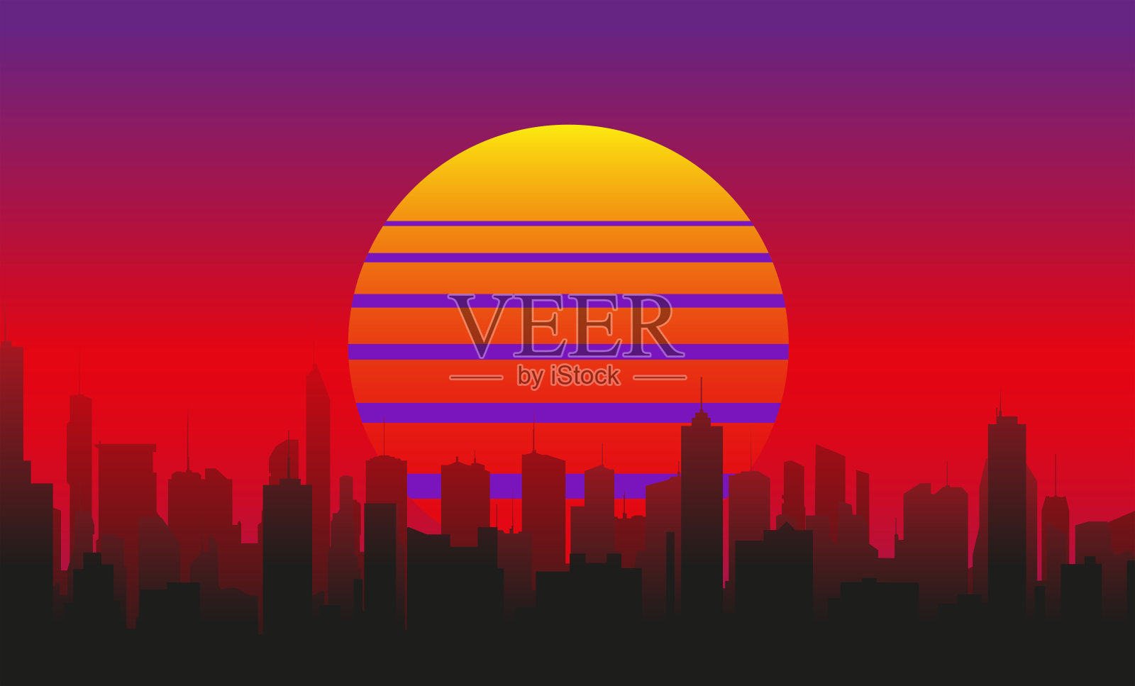 未来城市的剪影与摩天大楼在红色的天空背景和夕阳插画图片素材