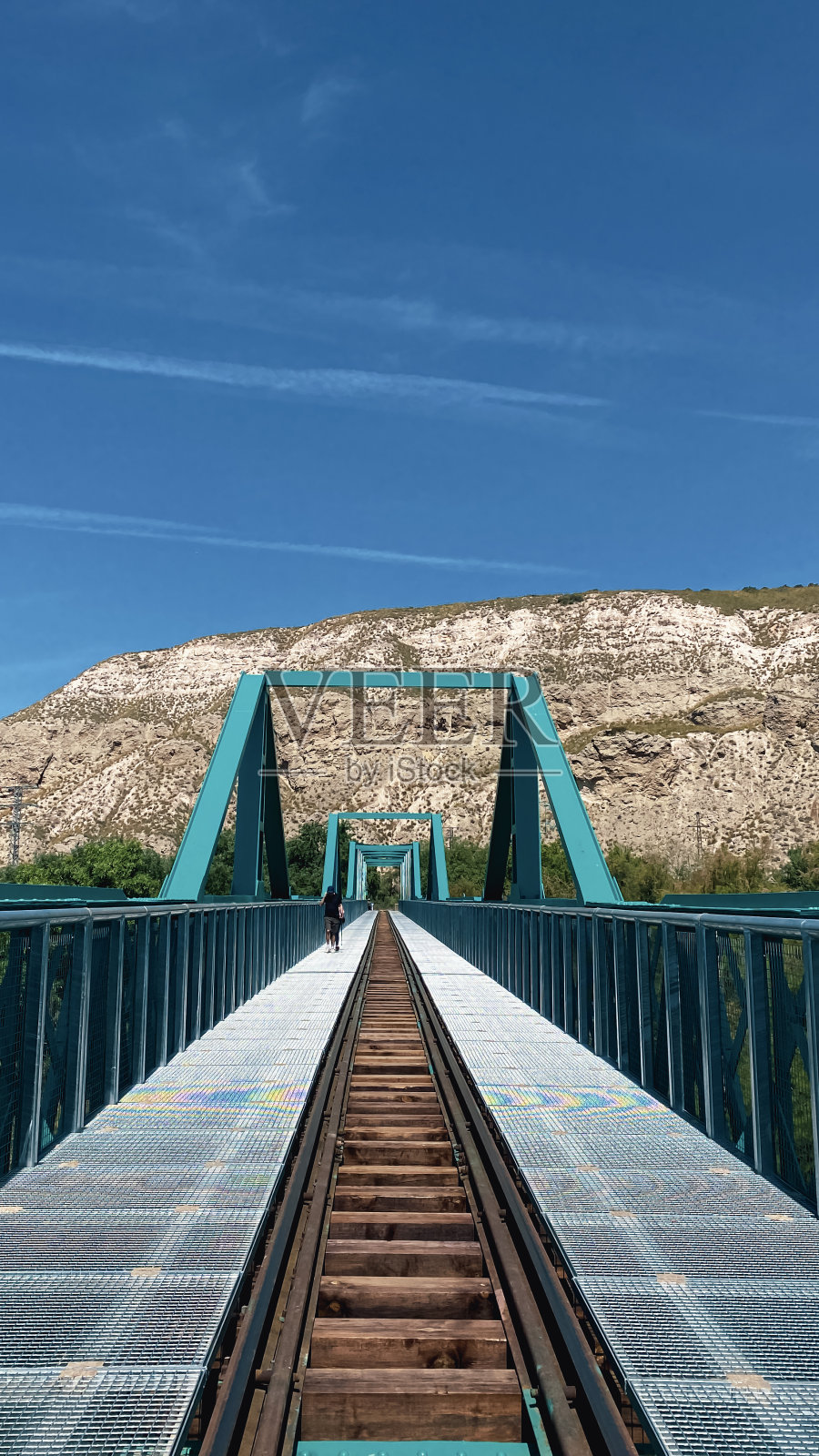 位于马德里阿甘达德雷和里瓦斯之间的泻湖旁的铁桥照片摄影图片