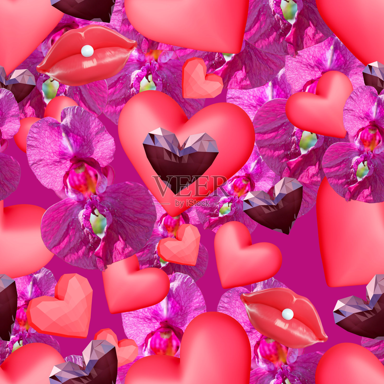 3d心和嘴唇无缝图案，3d渲染照片摄影图片