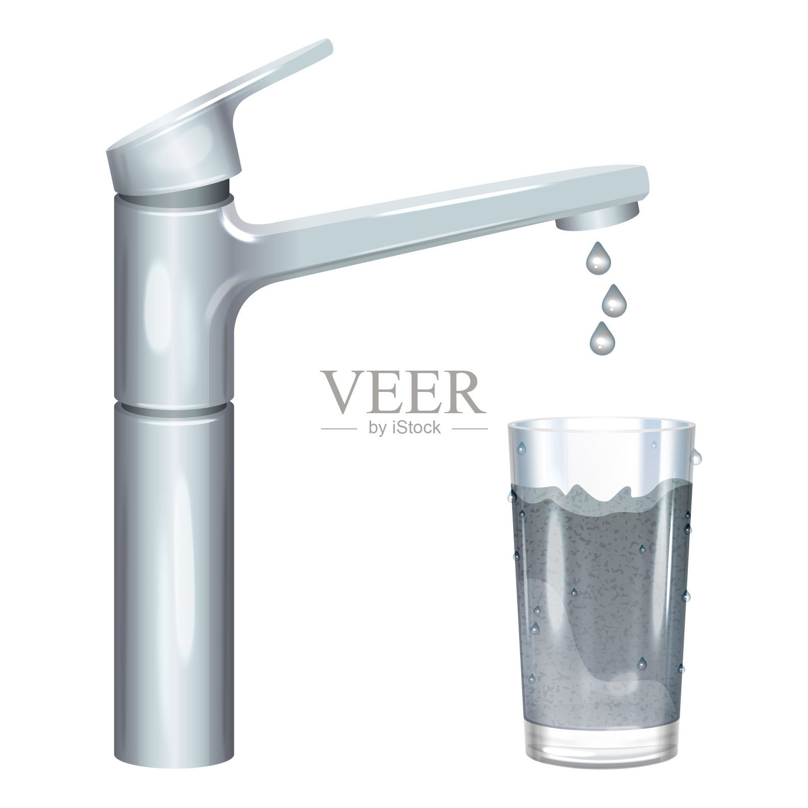 水龙头里有脏水，玻璃里有浑浊的水，污染概念。矢量插图。插画图片素材